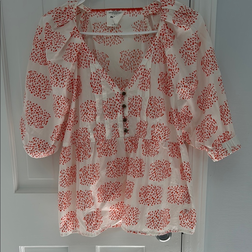 Anthropologie Orange and White Puff Sleeve Blouse with Ruffled Details